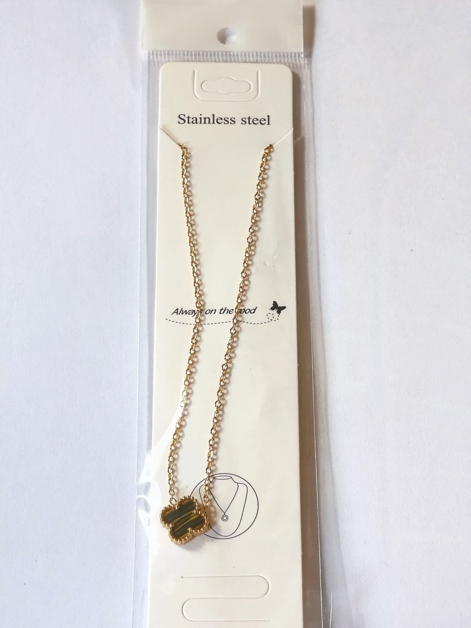 Conjunto de gargantila pulseira e brincos de trevo com corrente dourada de aço olho de tigre – photo 5